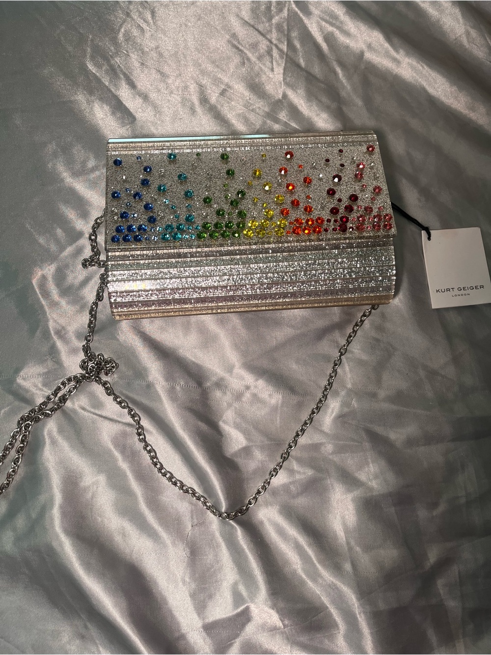 Kurt Geiger Silver Glitter Clutch with Rainbow Gem Detailing